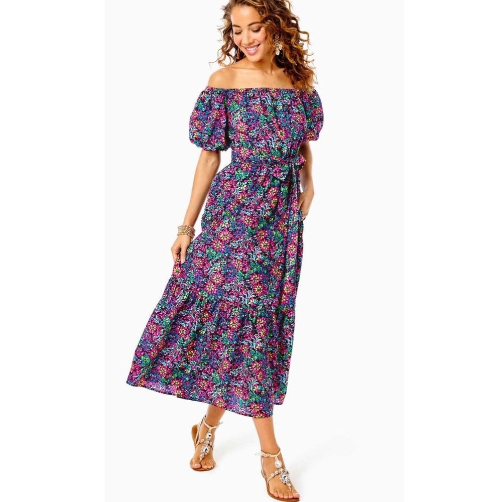 NWT LILLY PULITZER TAMMIE Off The Shoulder Midi Dress Multi Feeling Fintastic